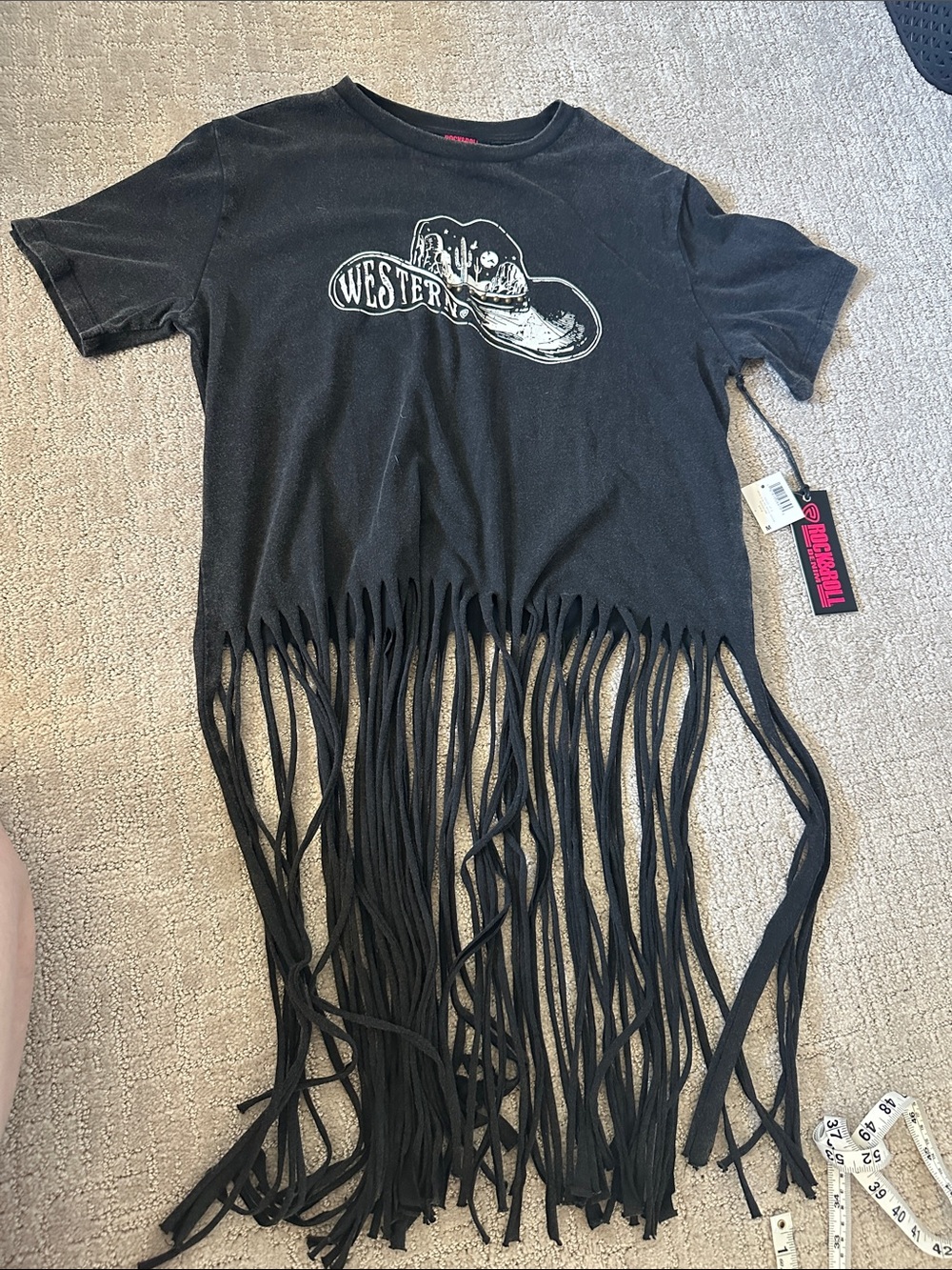 Rock & Roll Cowgirl Black Fringe Short Sleeve Tee with Western Boot Graphic
